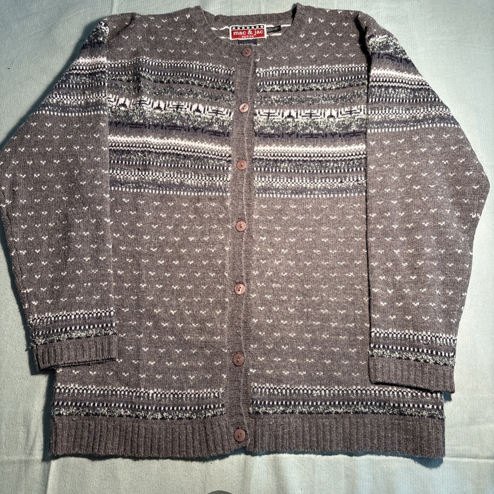 Mac & Jac Petite Grey Fair Isle Lambswool Angora Blend Cardigan Sweater Medium P